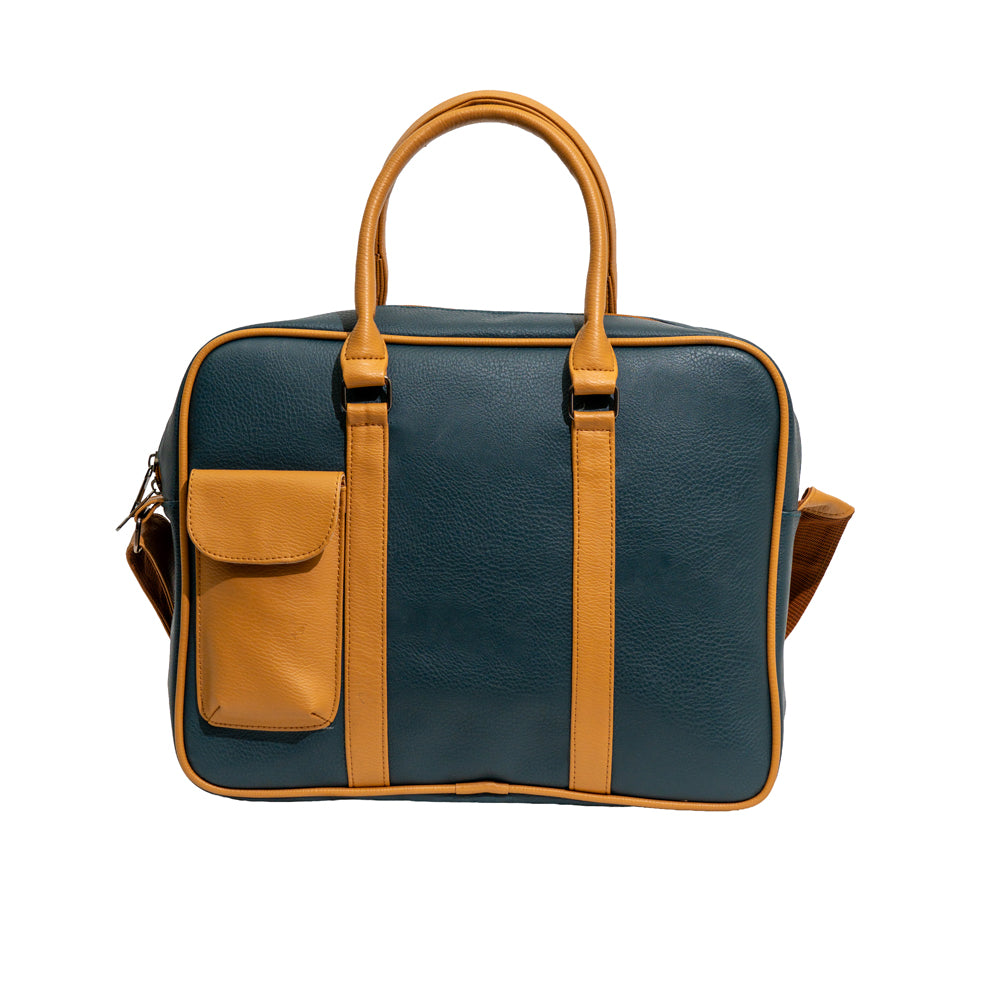 Teal Blue & Mustard Tan Faux Leather Laptop Messenger Bag (Model: R205)