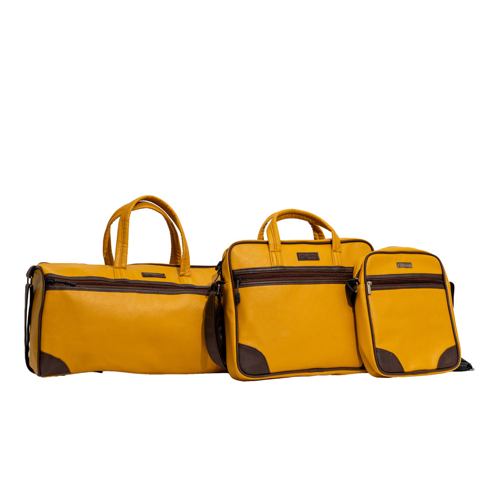 Mustard Yellow & Dark Brown Faux Leather 3-Piece Travel Duffle, Laptop Messenger & Crossbody Bag Combo Set (Model: R702)