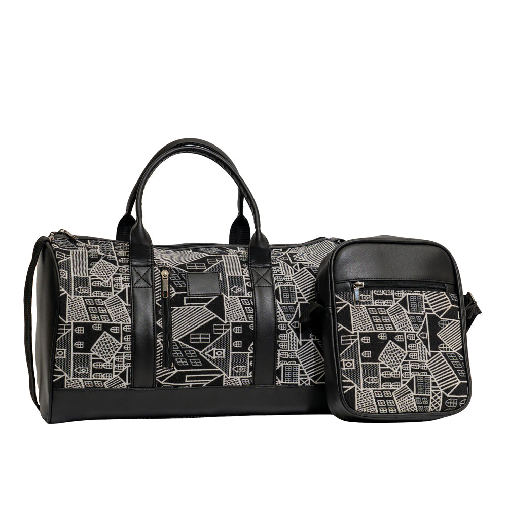 Black & White Abstract Cityscape Geometric Print Travel Duffle & Messenger Pouch Combo Set (Model: OMZ417)