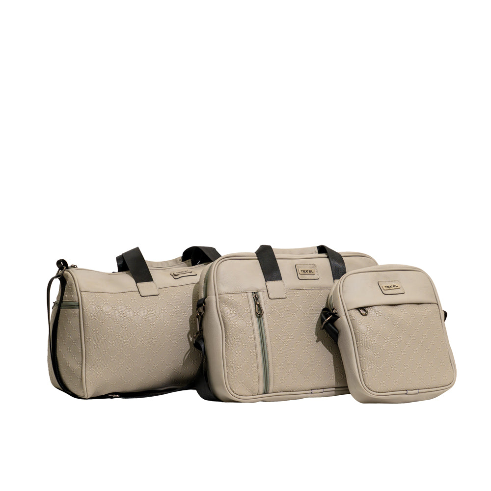 TEXEL Beige Embossed Monogram 3-Piece Travel & Messenger Bag Combo Set (Model: TXL404)