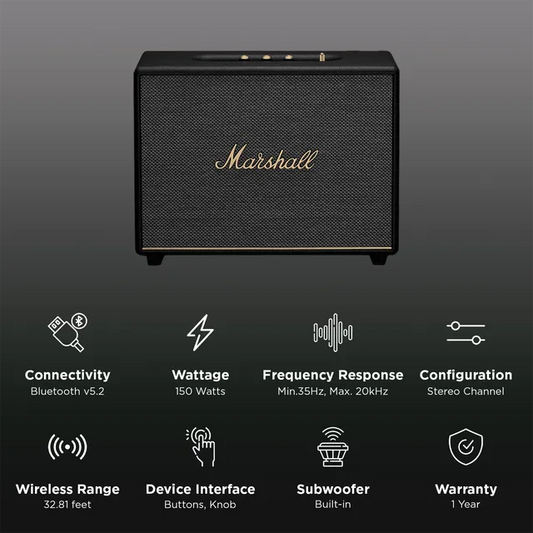 Marshall Woburn III 150W Portable Bluetooth Speaker (Home-Shaking Signature Sound, Stereo Channel, Black)