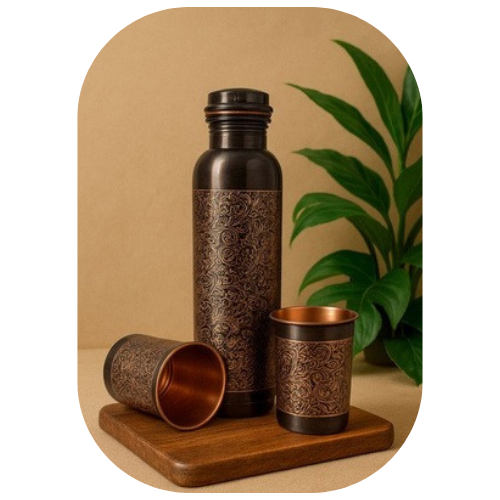 ETCHING Heritage Copper Bottle – Glossy Set with Twin Glasses