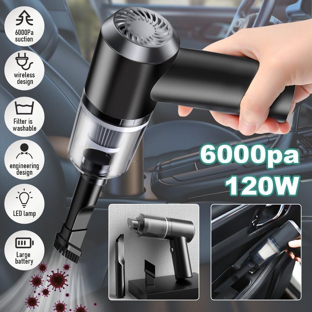 CUISINART Dual-Function Car & Home Vacuum – Rechargeable 120W Wireless Cleaner with Lighting & USB (Black)