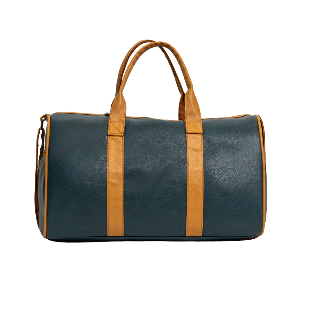 Teal Blue & Tan Flap Pocket Faux Leather Travel Duffle Bag (Model: R416)