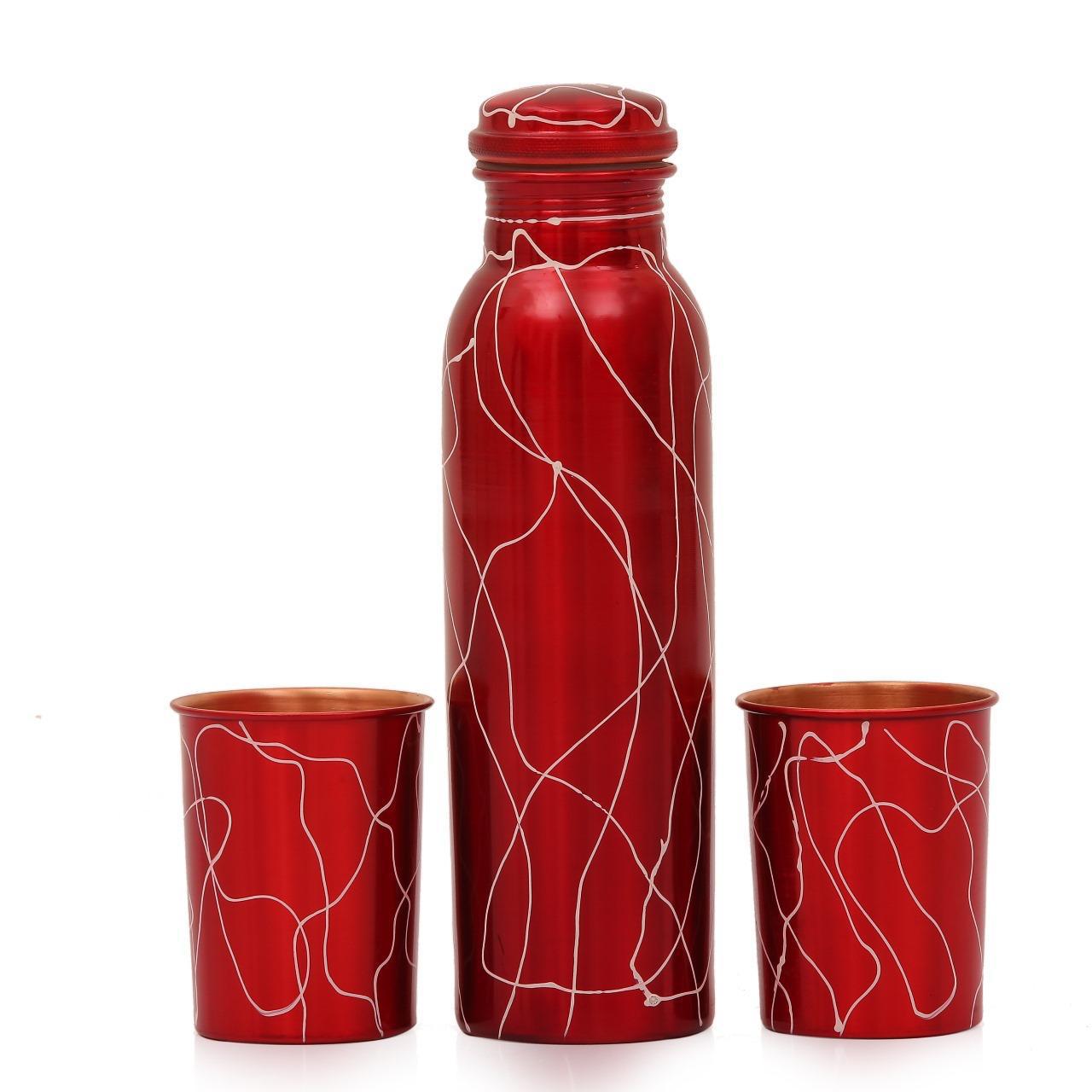 Handicrafts Copper Printed Bottle & Two Glass Set