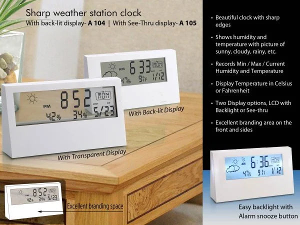 A105 – Sharp weather station clock with see-thru display