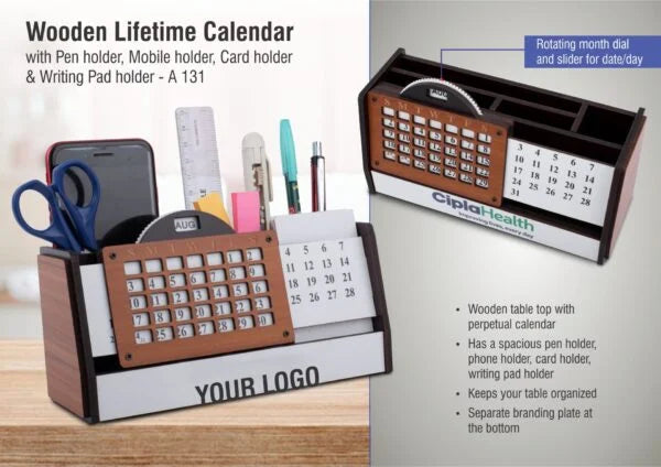 A131 – Wooden Lifetime calendar with Pen holder, Mobile holder, Card holder and Writing Pad holder