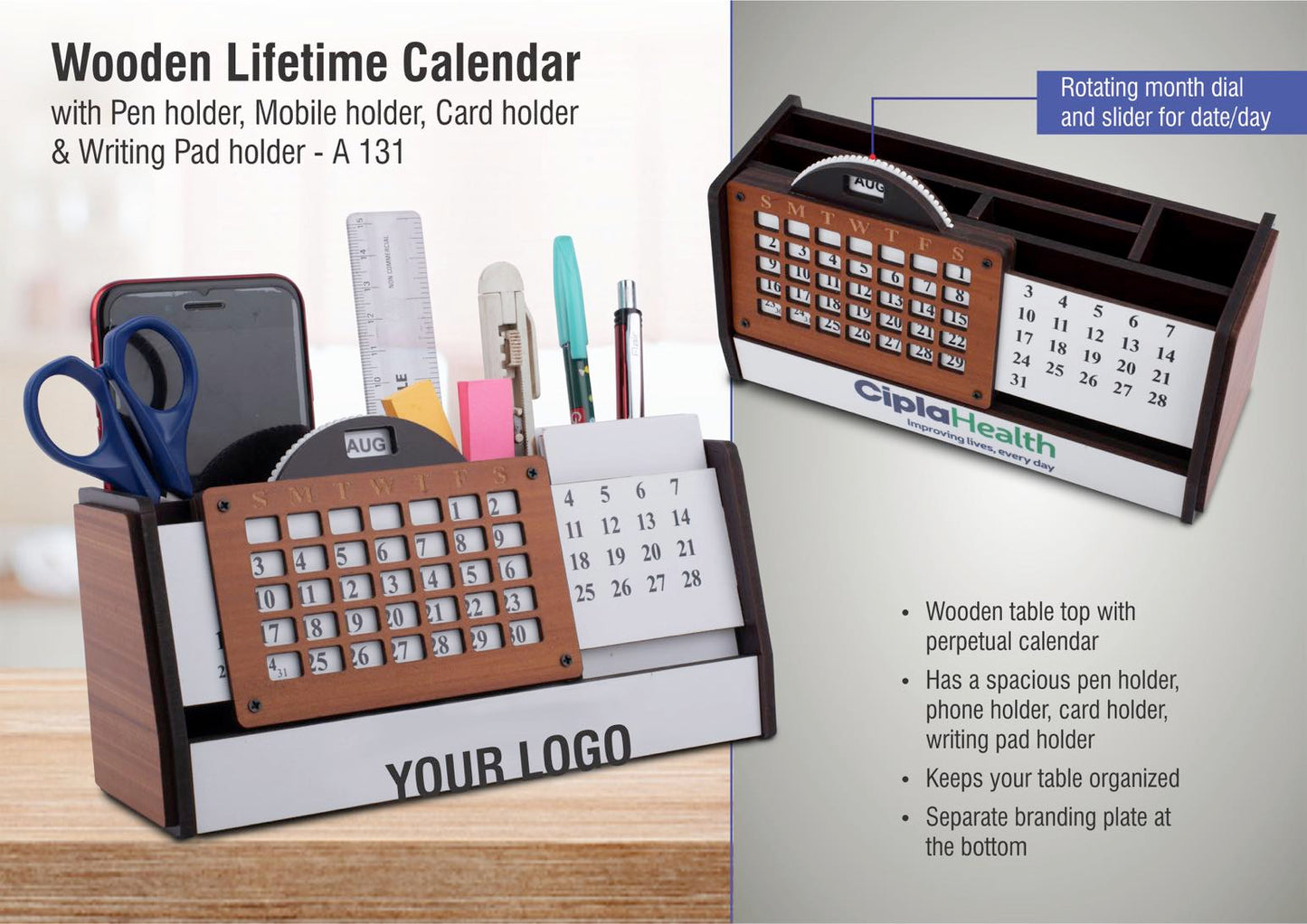A131 – Wooden Lifetime calendar with Pen holder, Mobile holder, Card holder and Writing Pad holder