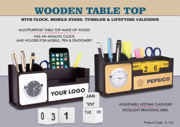 A132 – Wooden Table top with Clock, mobile stand, tumbler, and Lifetime Calendar