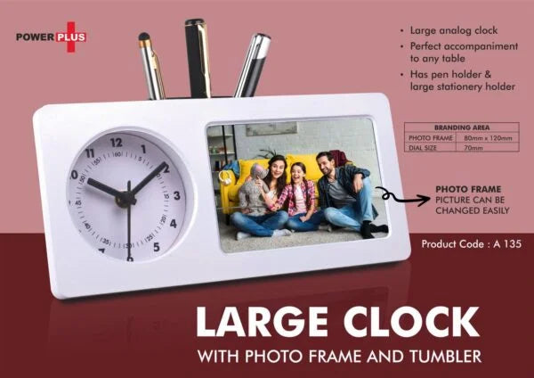 A135 – Large clock with photo frame and tumbler