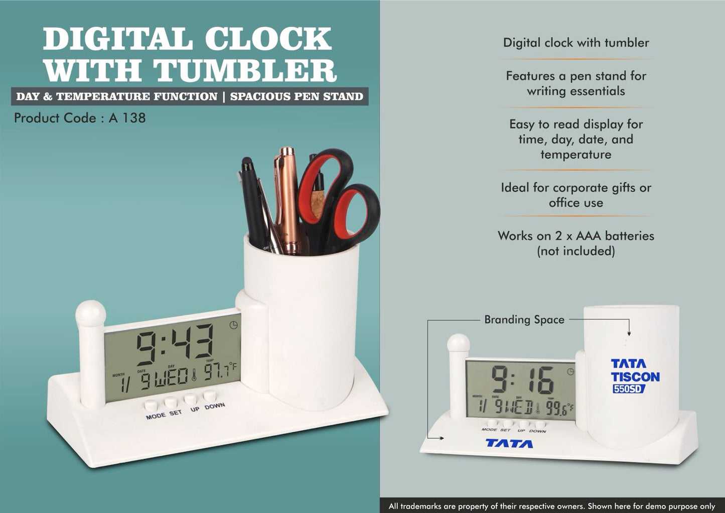 A138 – Digital Clock with Tumbler | Day & Temperature Function | Spacious Pen Stand