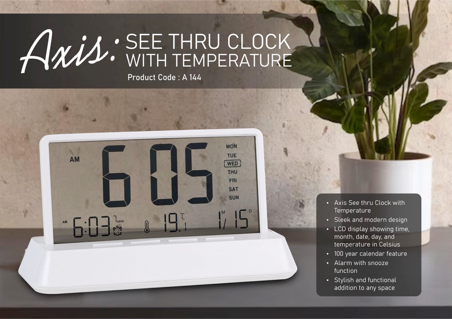 A144 – Axis : See thru clock with temperature