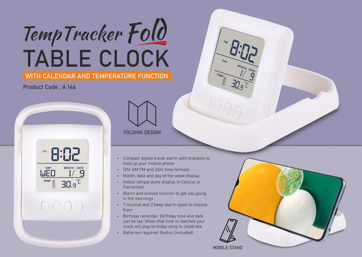 A 146 - TempTracker Fold Table Clock (with Calendar and Temperature Function)