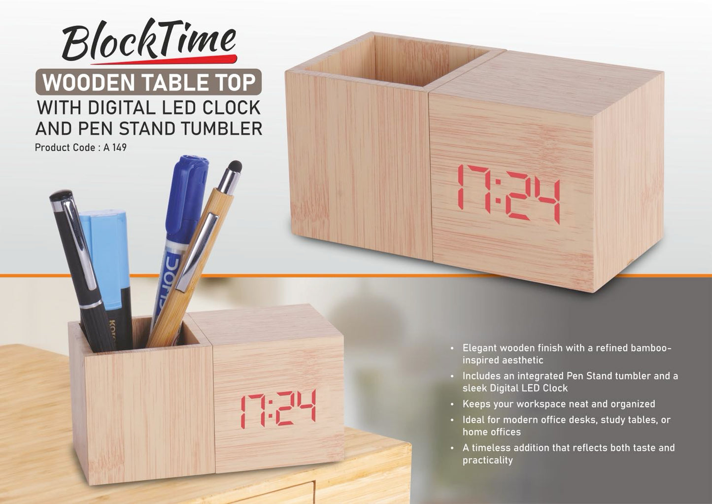A 149 - BlockTime: Wooden Table Top with Digital LED Clock and Pen Stand Tumbler