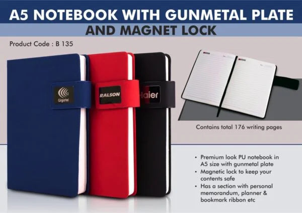 B135 – A5 Notebook with Gunmetal plate and Magnet lock | Hard bound cover | Pages with memorandum, month planner & bookmark ribbon