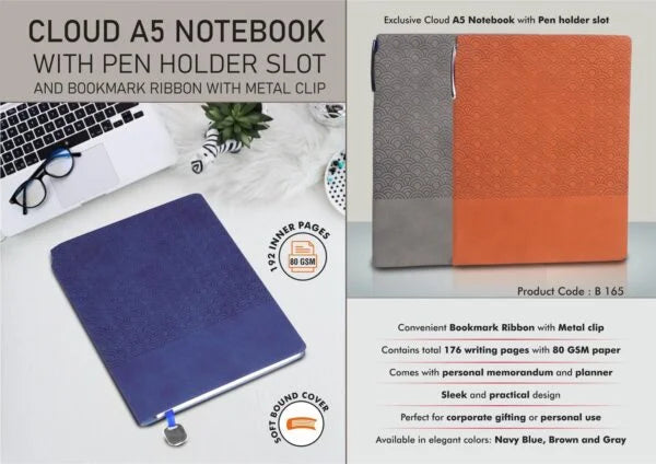 B165 – Cloud A5 Notebook with Pen holder slot and Bookmark Ribbon with Metal clip
