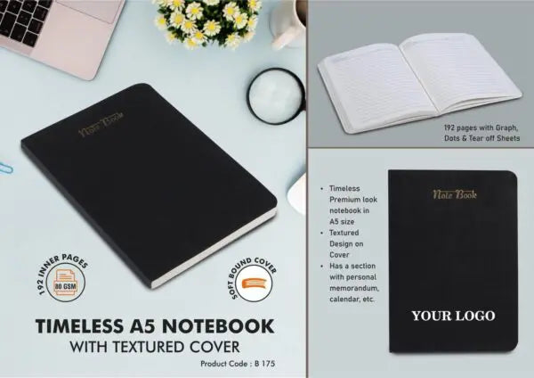B175 – Timeless A5 notebook with textured cover | 192 pages with Graph, Dots & Tear off Sheets