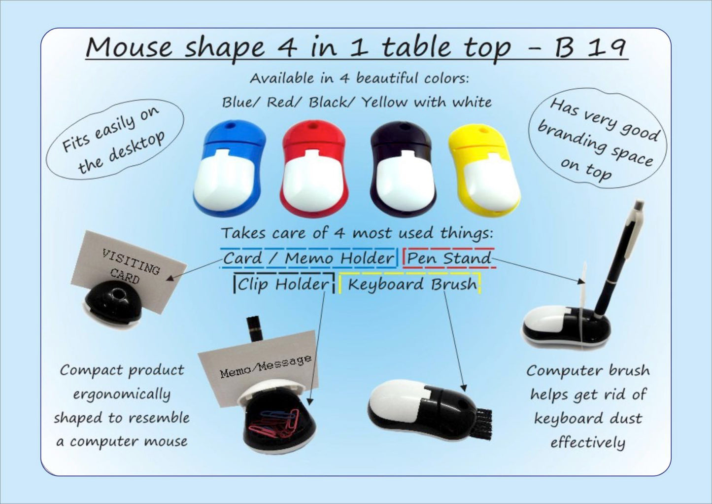 B19 – Mouse shape 4 in 1 table top (with pen holder, memo holder, paper clip holder & keyboard cleaning brush)