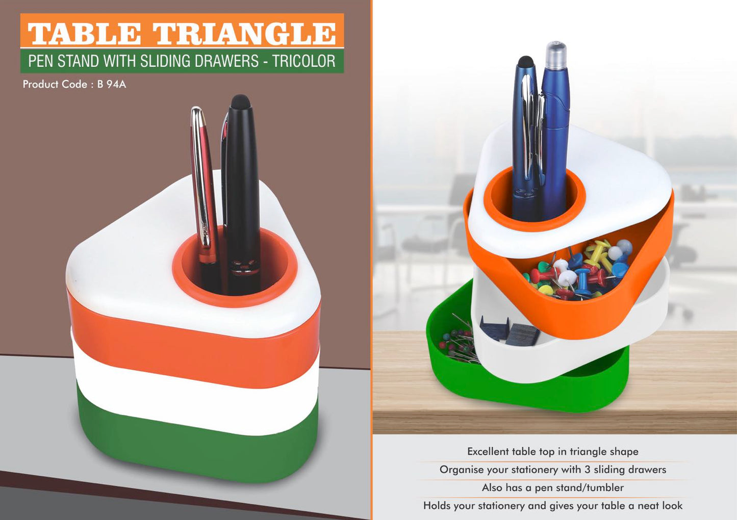 B94a – Table triangle: Pen stand with sliding drawers- Tricolor