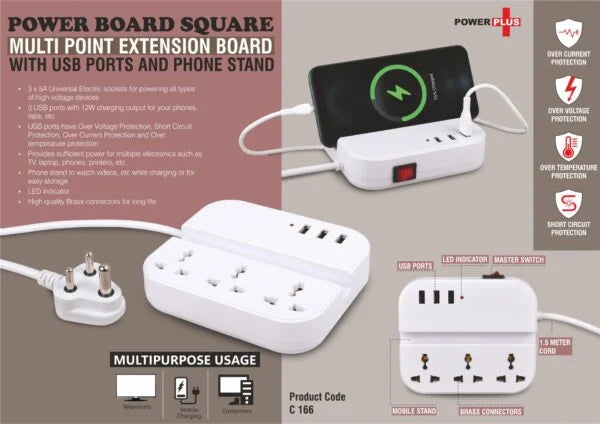 C166 – Power Board Square: Multi point extension board with USB ports and phone stand