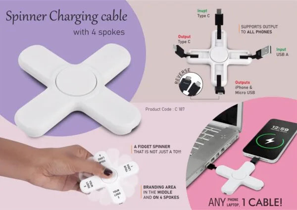 C187 – Spinner Charging cable with 4 spokes | Dual Input USB A & C | Supports output to all Phones