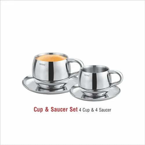 Stainless Steel Cup And Saucer 4+4 set
