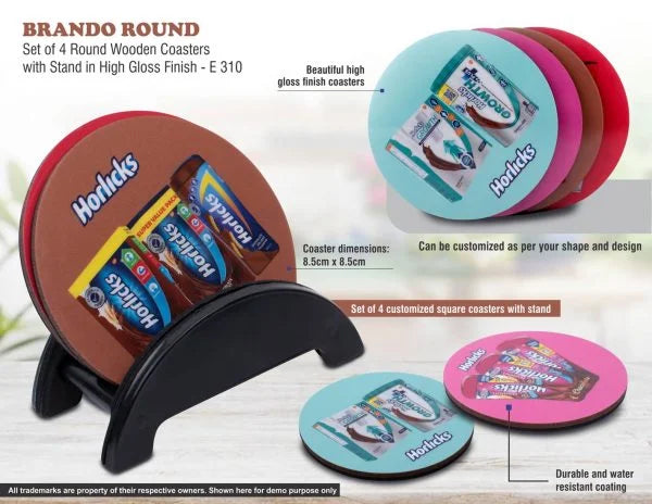E310 – Brando Round: Set of 4 Round Wooden coasters with Stand in High Gloss Finish