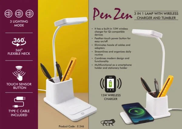 E346 – PenZen: 3 in 1 Lamp with 15W Wireless Charger and Tumbler
