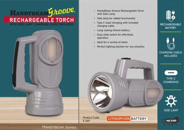 E369 – HandyBeam Groove: Rechargeable Torch with Side Lamp | Charging Cable included