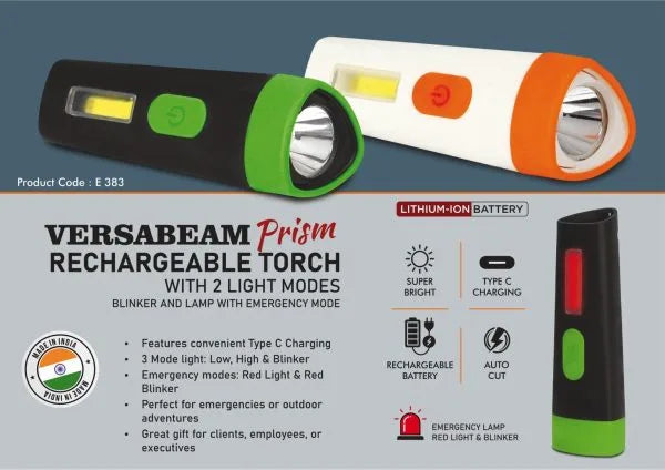 E383 – VersaBeam Prism: Rechargeable Torch with 2 light modes, Blinker and Lamp with Emergency mode | Type C Charging