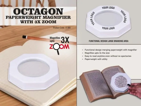 E388 – Octagon Paperweight magnifier with 3X Zoom