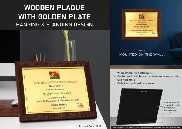 F18 – Wooden Plaque with Golden plate | Hanging & Standing design | 9 x 11″