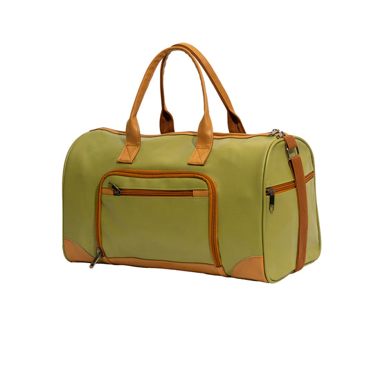 Olive Green & Tan Faux Leather Travel Duffle Bag with U-Zip Pocket (Model: R412)