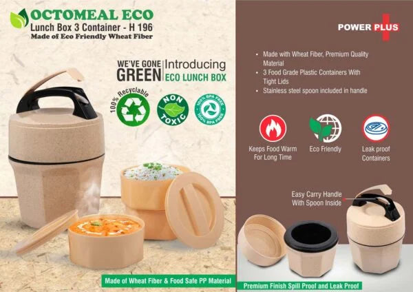 H196 – Octomeal Eco: 3 Plastic container lunch box with spoon | Made from Eco friendly material | 100% recyclable