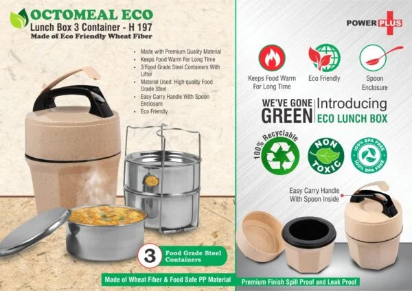 H197 – Octomeal Eco: 3 Steel container lunch box with spoon | Made from Eco friendly material | 100% recyclable