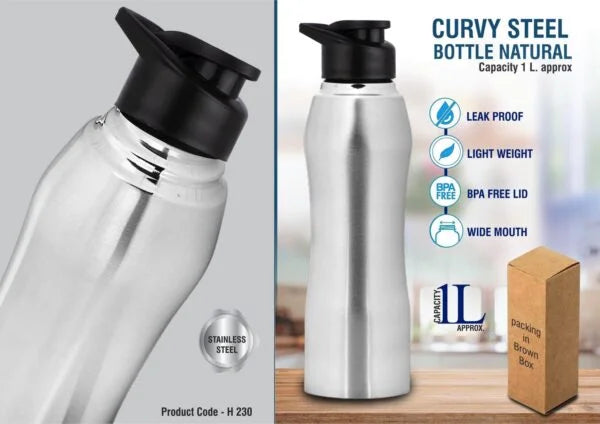 H230 – Curvy steel bottle Natural | Capacity 1L approx