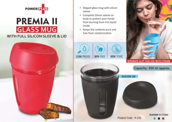 H256 – Premia II: Glass mug with Full Silicon Sleeve & lid | Capacity: 350 ml