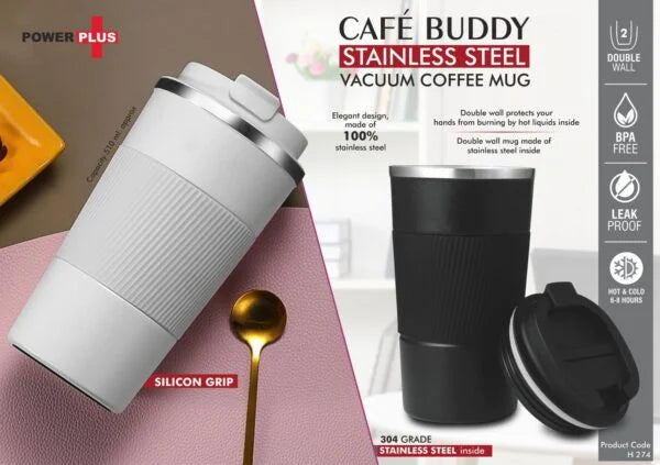 H274 – Cafe Buddy: Stainless Steel Vacuum coffee mug with Silicon Grip | Premium Flip top locking cap | Capacity 510ml approx