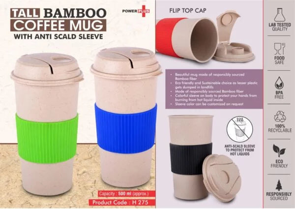 H275 – Tall Bamboo Coffee mug: Eco friendly mug with flip top Lid and Anti-Scald sleeve | Capacity 500 ml