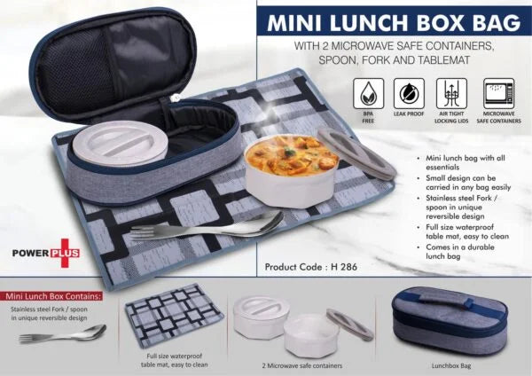 H286 – Mini Lunch box bag with 2 Microwave safe containers, Spoon, Fork and Tablemat