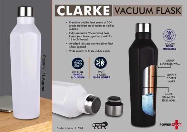 H298 – Clarke Vacuum Flask | 304 Grade Steel | Keeps hot for 18-24 hours | Copper Layer inside | Capacity 1L Approx
