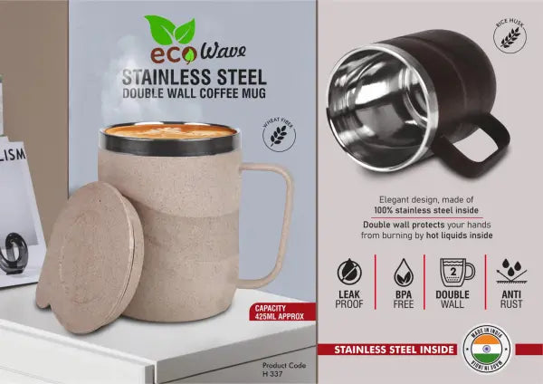 H337 – EcoWave: Stainless Steel Double wall Coffee mug | Outer body made of Wheat & Rice husk | Leak Proof | Capacity 425ml approx