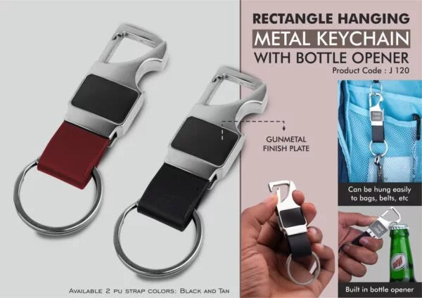 J120 – Rectangle hanging metal keychain with Bottle Opener & PU strap