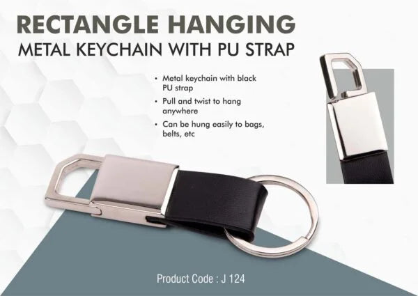 J124 – Rectangle hanging metal keychain with PU strap