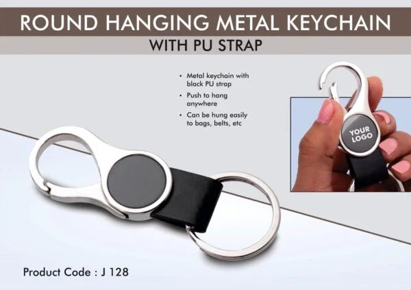 J128 – Round hanging metal keychain with PU strap