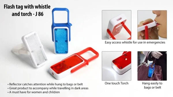 J86 – Flash tag with whistle and torch (with reflector)