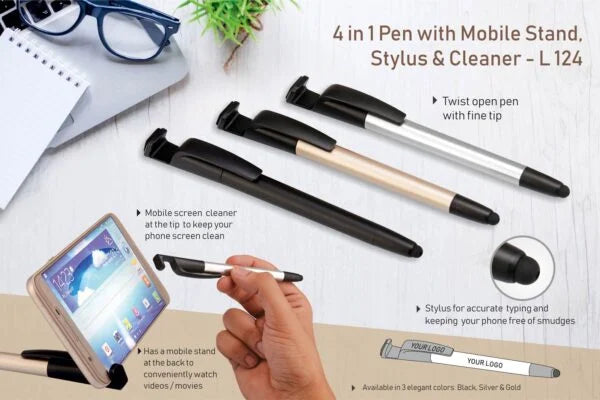 L124 – 4 in 1 pen with mobile stand, stylus and cleaner