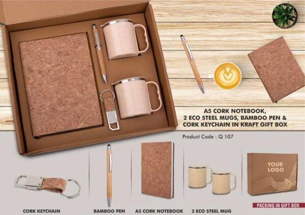 Q107 – EcoSet 1: Set of A5 Cork notebook, 2 Eco Steel mugs, Bamboo Pen & Cork Keychain in Kraft Gift Box