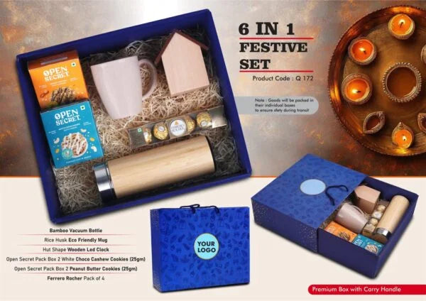 Q172 – Festive Set of 6: Wooden LED Clock, Rice Husk Eco Mug, Bamboo Vacuum Flask 450ML, Ferrero Rocher Pack of 4, 2 Choco Cashew Cookies, 2 Peanut Butter Cookies