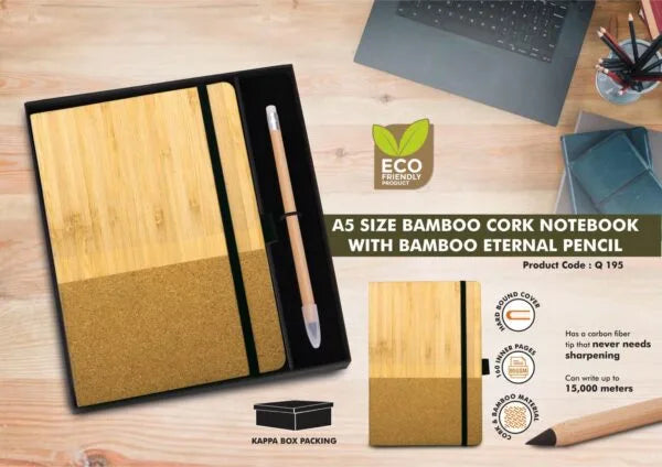 Q195 – Notebook Gift set Eco: Bamboo & Cork A5 Notebook With Eternal Bamboo Pencil